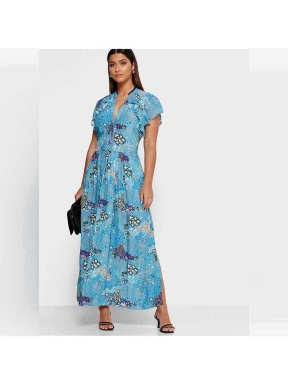 ZADIG & VOLTAIRE Tie Neck Blue Printed Maxi Dress Flutter Cap sleeves XS